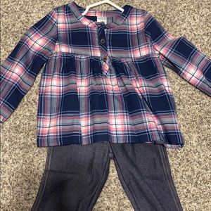 Plaid pink and blue long sleeve shirt with jeans
